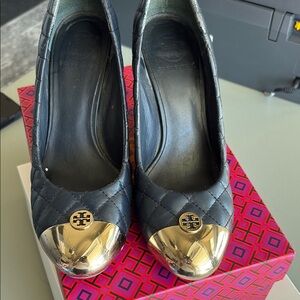 Tory Burch Black Quilted Heels with Gold Accents